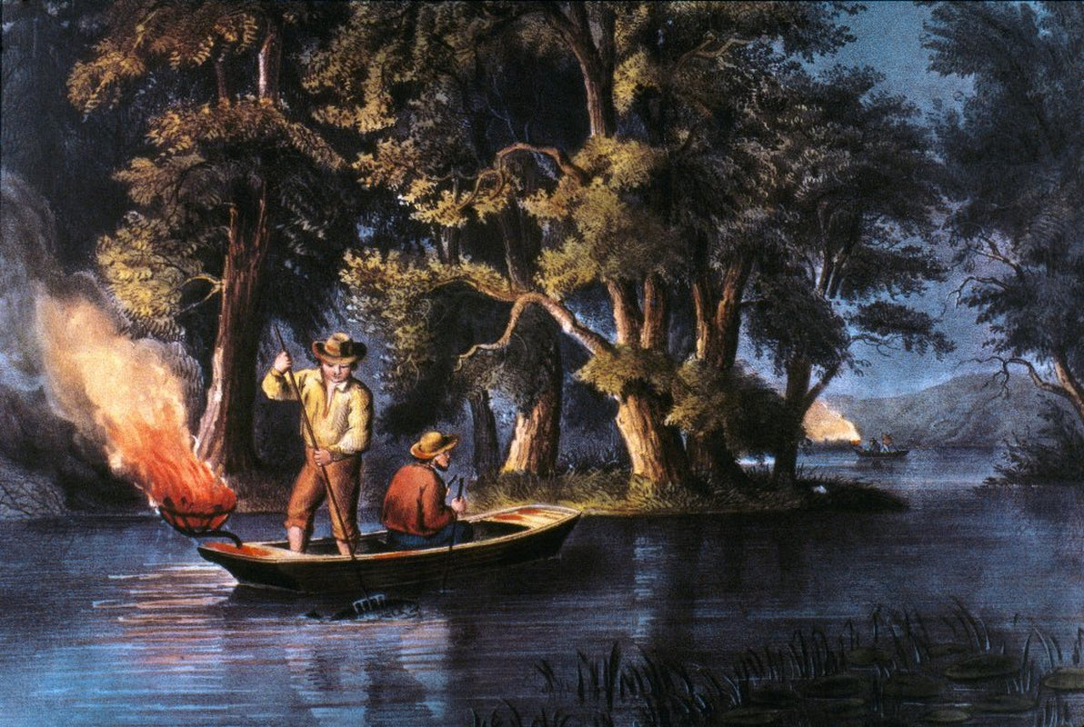 C&I: Fishing. /Nblack Bass Spearing on the Restigouche, New Brunswick: Lithograph, N.D., by Currier & Ives. Poster Print by (24 X 36)