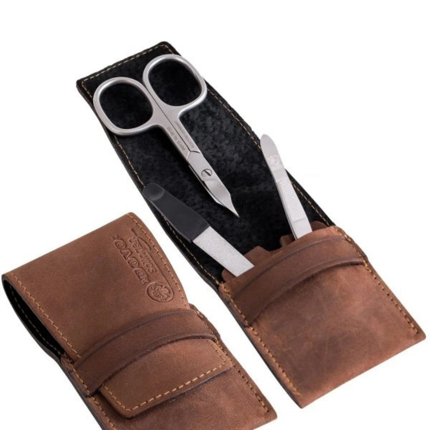 DOVO 3-Piece Manicure Set in Brown Leather Case